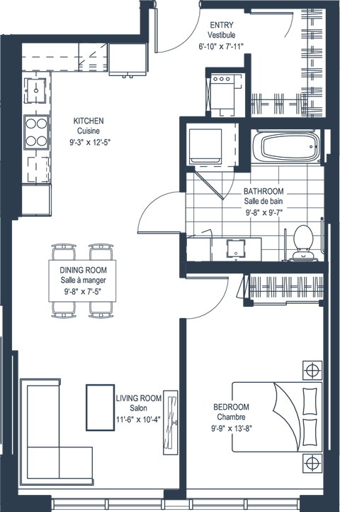 Floor plan for 1 bed, 1 bath, 1198 sqft